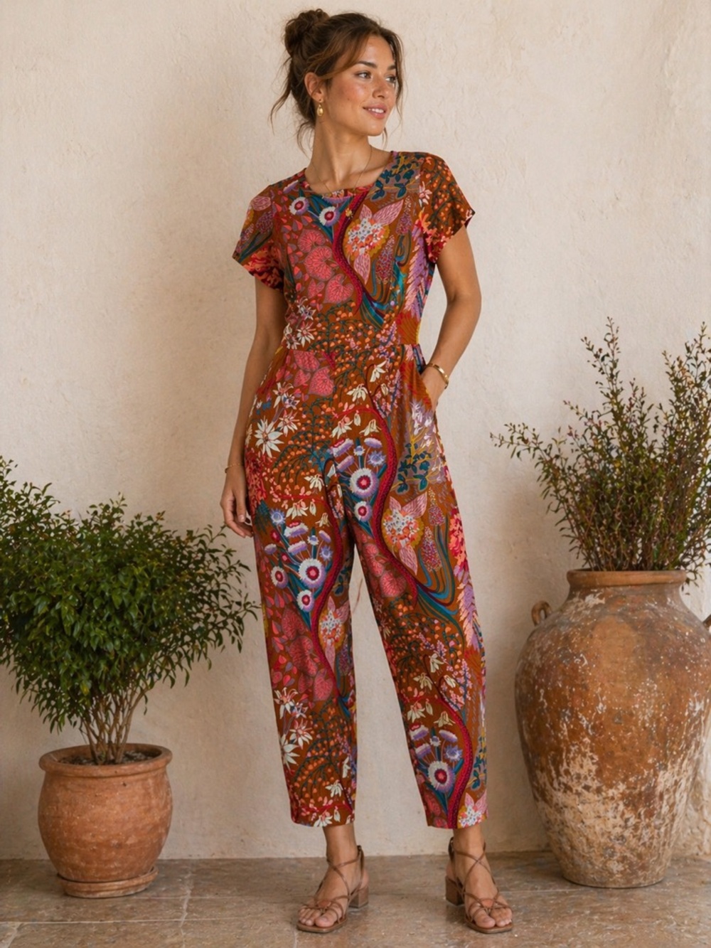 Birds of North America Floral Jumpsuit Multi Boho Statement Print Size 12